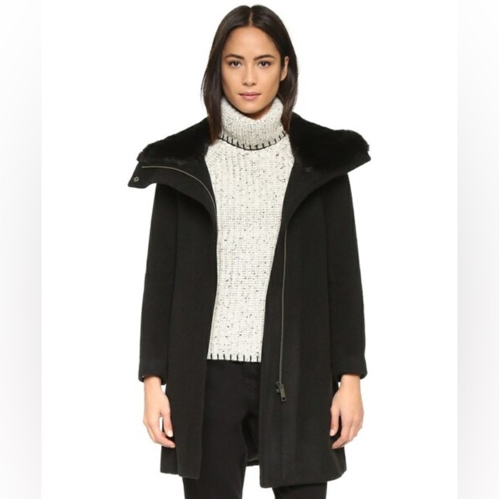 Club Monaco Rocio Funnel Collar Coat with Fur Trim (Black)